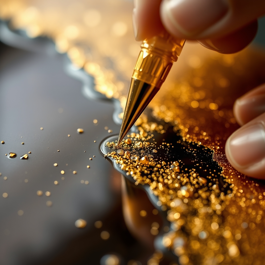 Hände tragen Blattgold und Kristalle auf eine glänzende Harzoberfläche auf